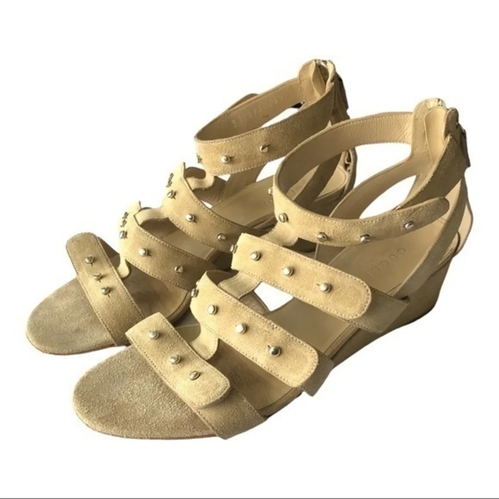 Gucci Tan Suede Studded Wedge Gladiator Sandals Size 36.5 (US 6.5)